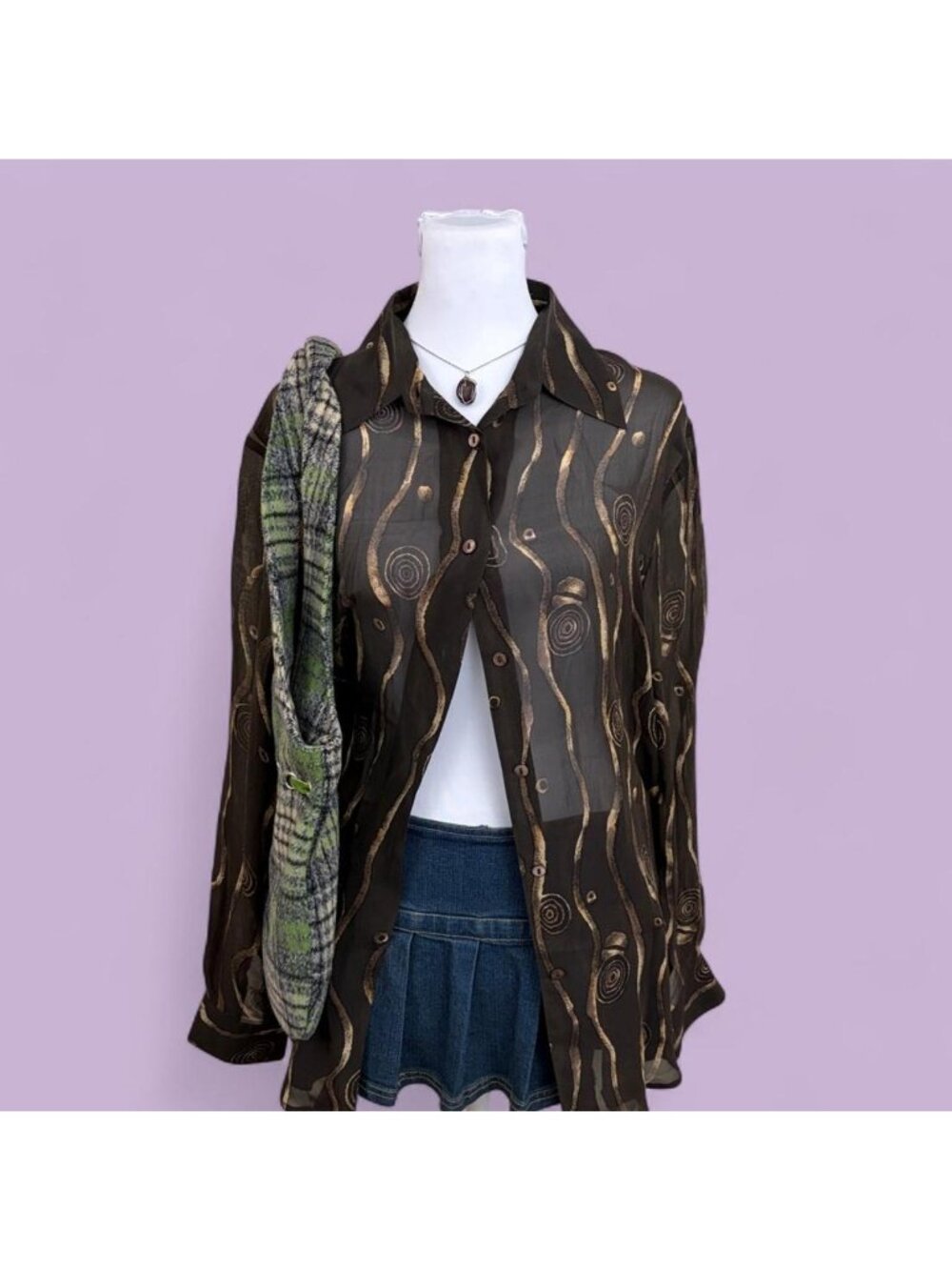 90s abstract sheer silk boho button down shirt